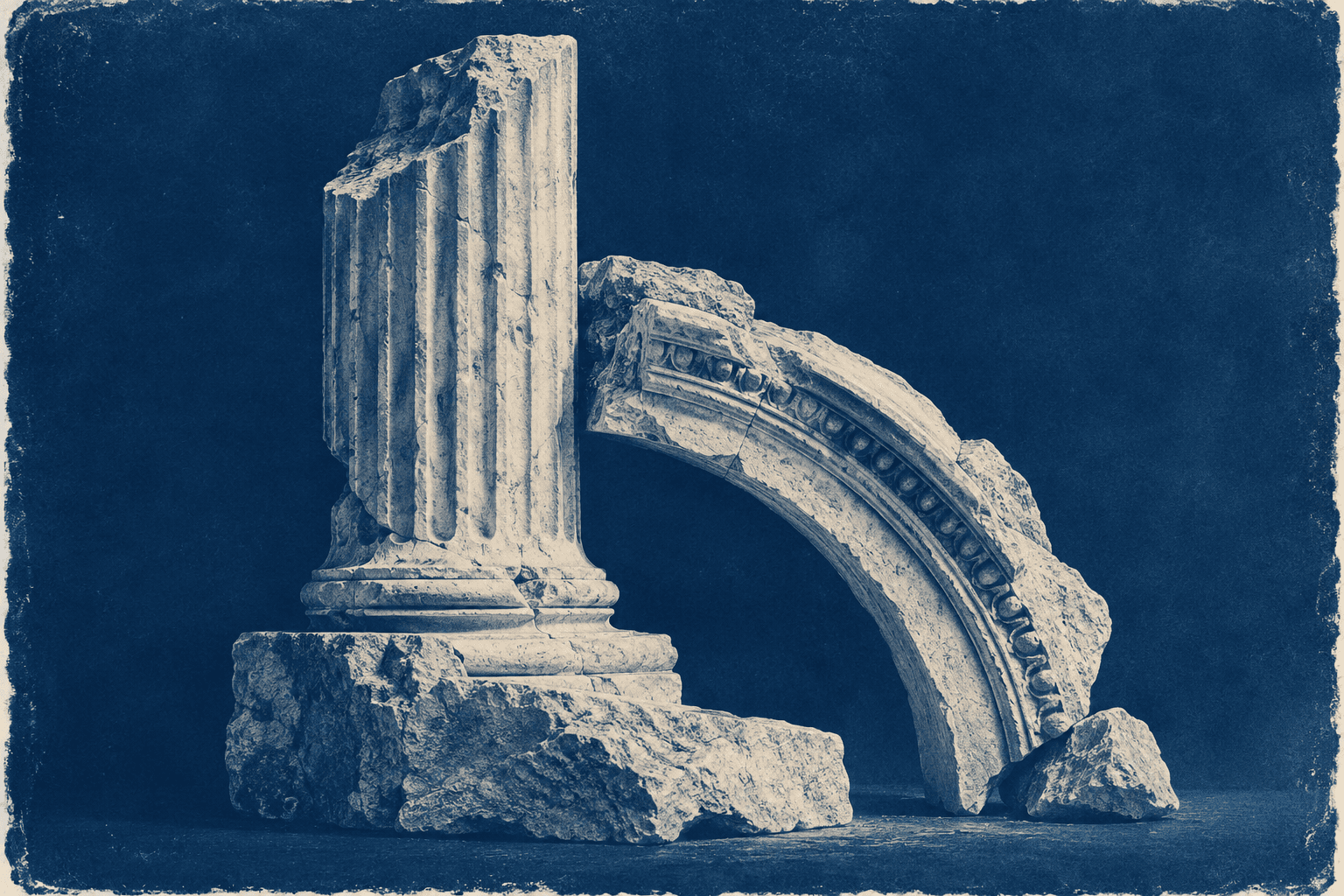 Cyanotype illustration of a Roman column and carved arch fragments